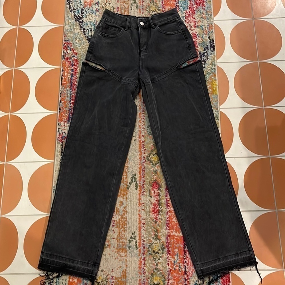 White Fox Side Cut Out Black Distressed Jeans